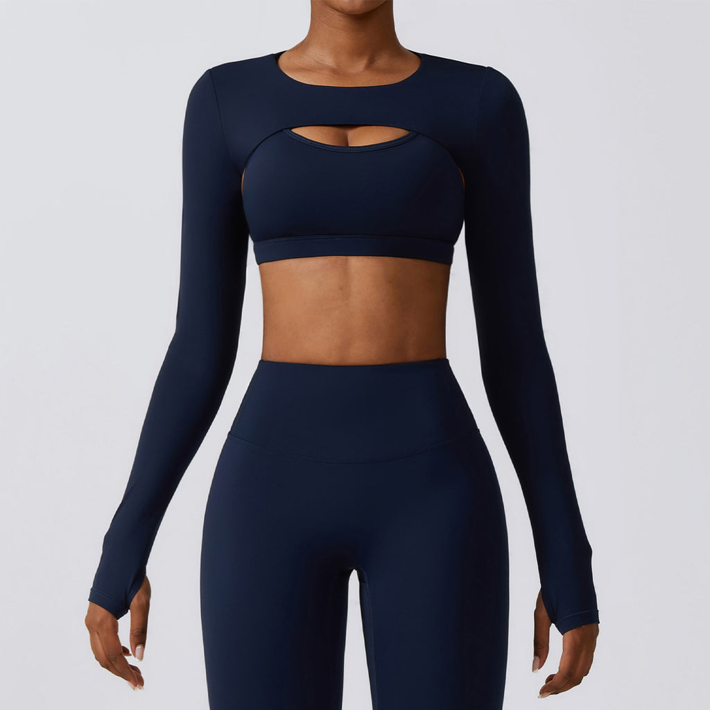 Women's Comfortable Long Sleeve Cutout Crop Top and High Waist Yoga Leggings Two Piece Workout Set