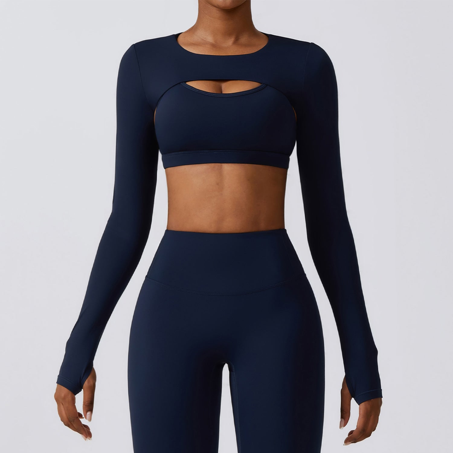 Women's Comfortable Long Sleeve Cutout Crop Top and High Waist Yoga Leggings Two Piece Workout Set