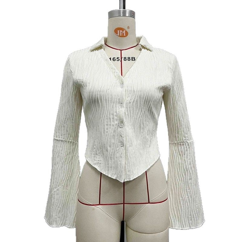 Chic Textured V Neck Long Sleeve Blouse with Elegant Bell Sleeves