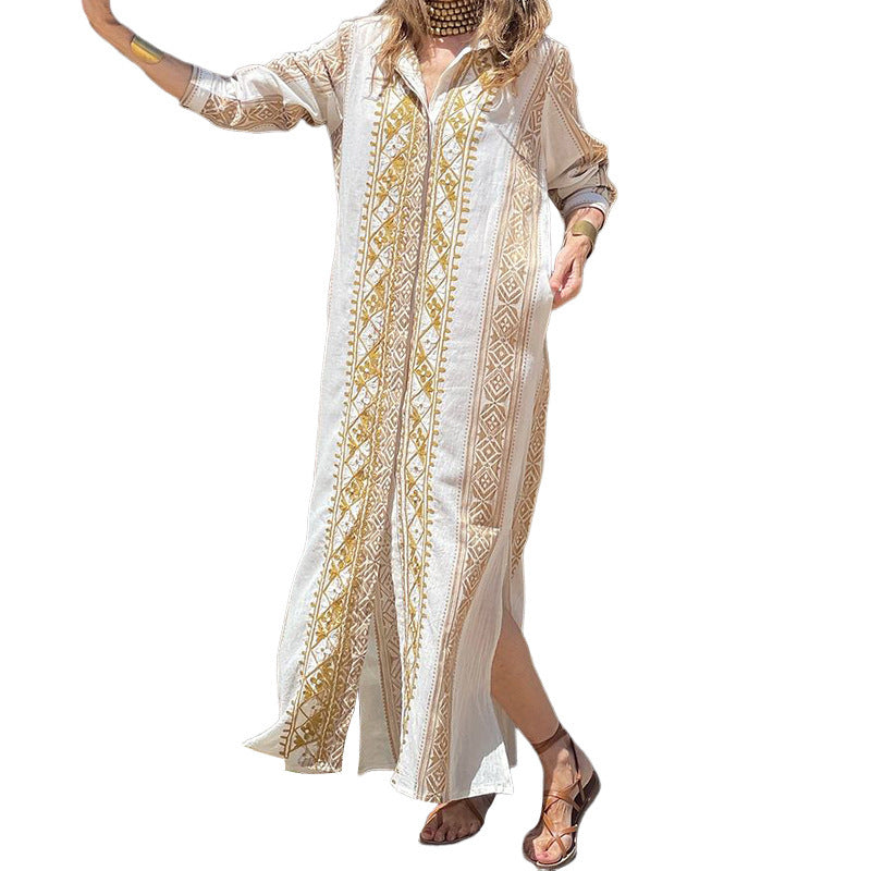 Elegant Bohemian Floral Print Long Sleeve A-Line Maxi Dress with Pockets for Effortless Style