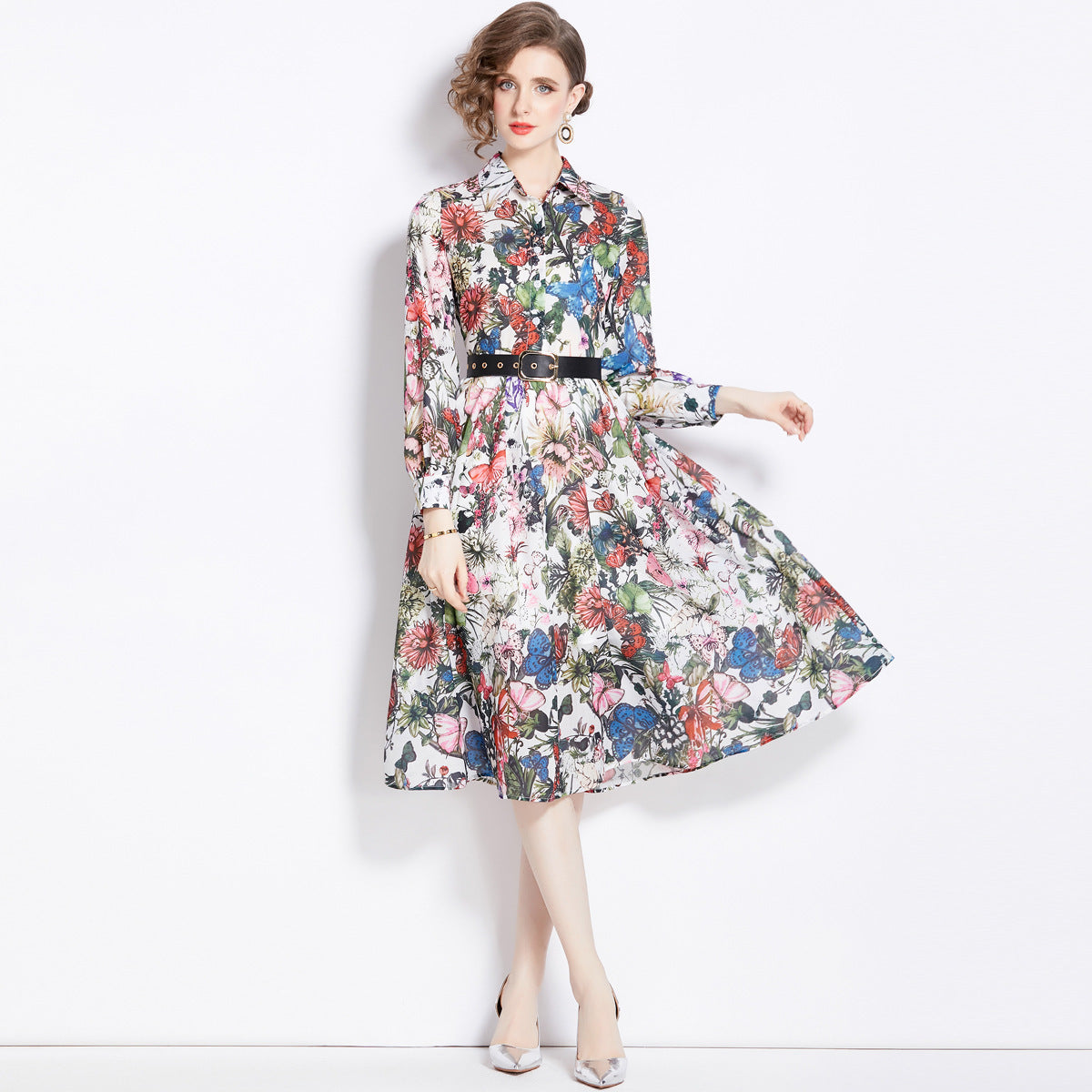 Elegant Floral Print Long Sleeve Button Down Midi Shirt Dress with Belt