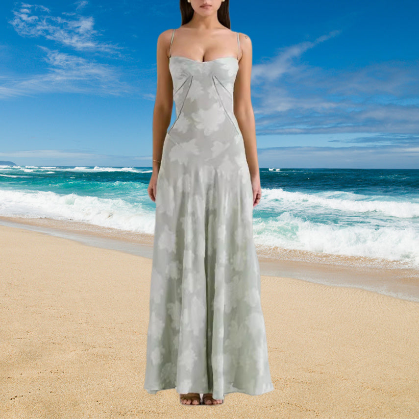 Elegant Floral Lace Maxi Dress with Suspender & Tie-Back Detail