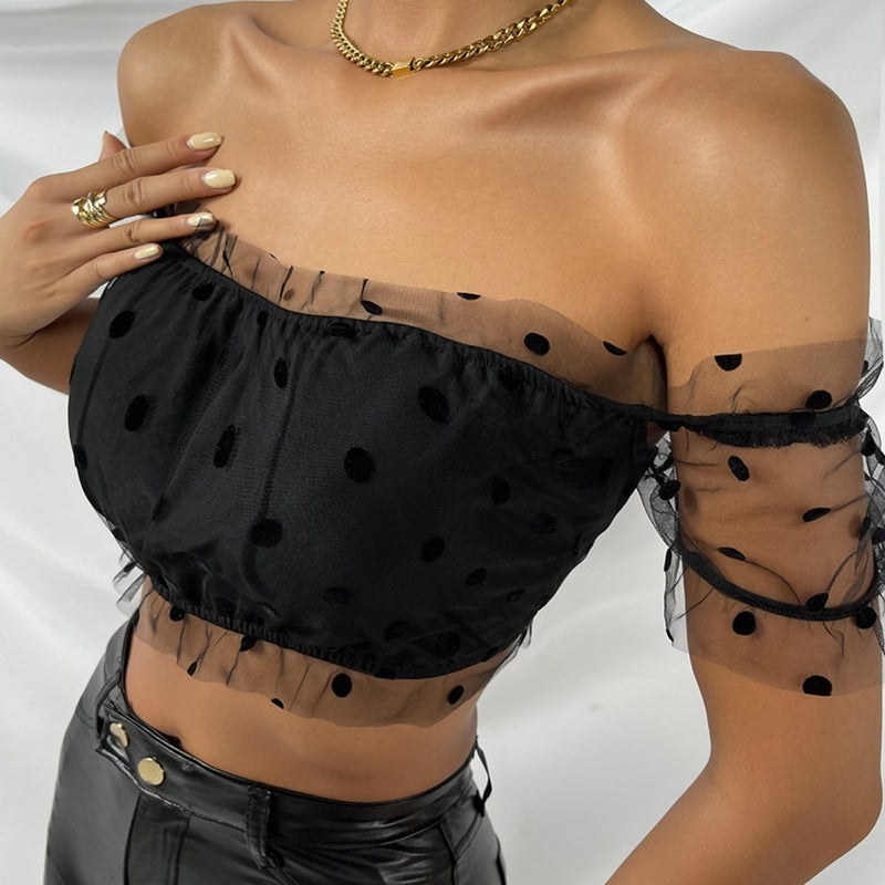 Chic Mesh Polka Dot Off Shoulder Ruffle Detail Cropped Blouse