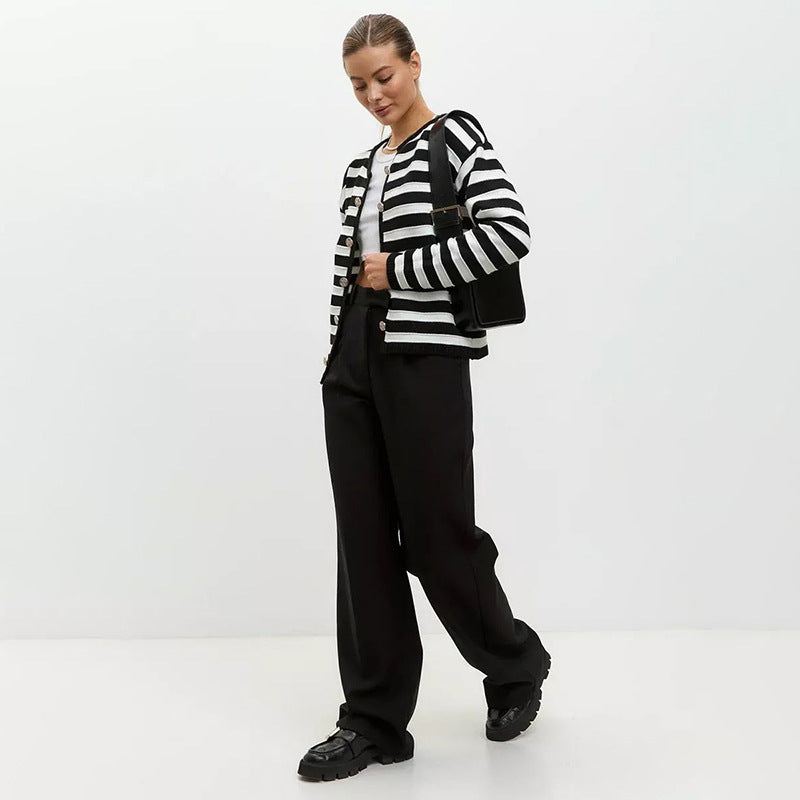 Elegant Striped Long Sleeve Knit Cardigan with Round Neck and Buttons