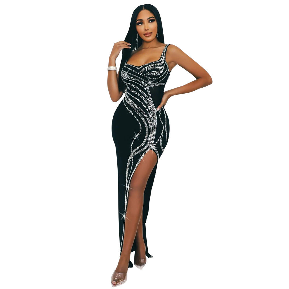 Glamorous Rhinestone High Slit Maxi Dress - Elegant Evening Party Gown