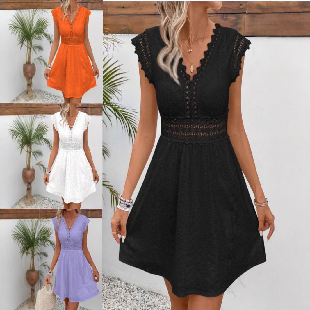 Lace V-Neck Ruffled Sleeveless Mini Dress - Boho Style