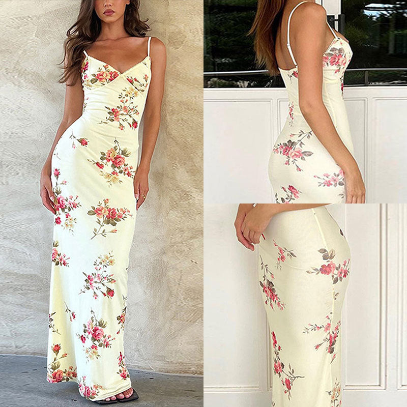 Elegant Floral Maxi Slip Dress - V-Neck Backless Summer Style