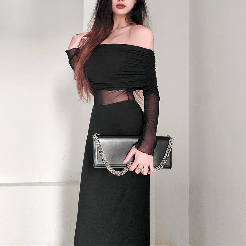 Chic Off-Shoulder Pleated Long Sleeve Maxi Dress
