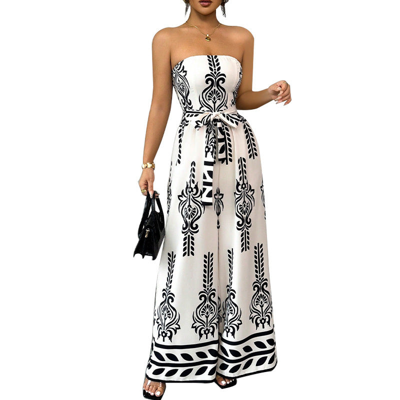 Elegant Women's Strapless Wide-Leg Jumpsuit with Bohemian Print
