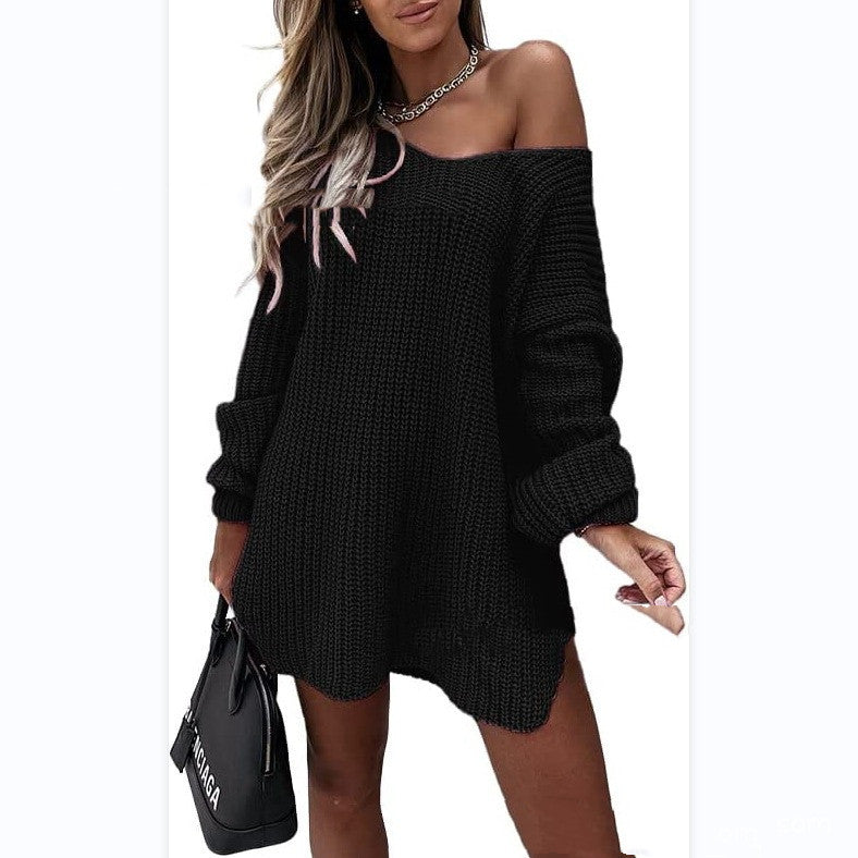 Comfortable Off-Shoulder Knitted Sweater Dress with Long Sleeves and V-Neck