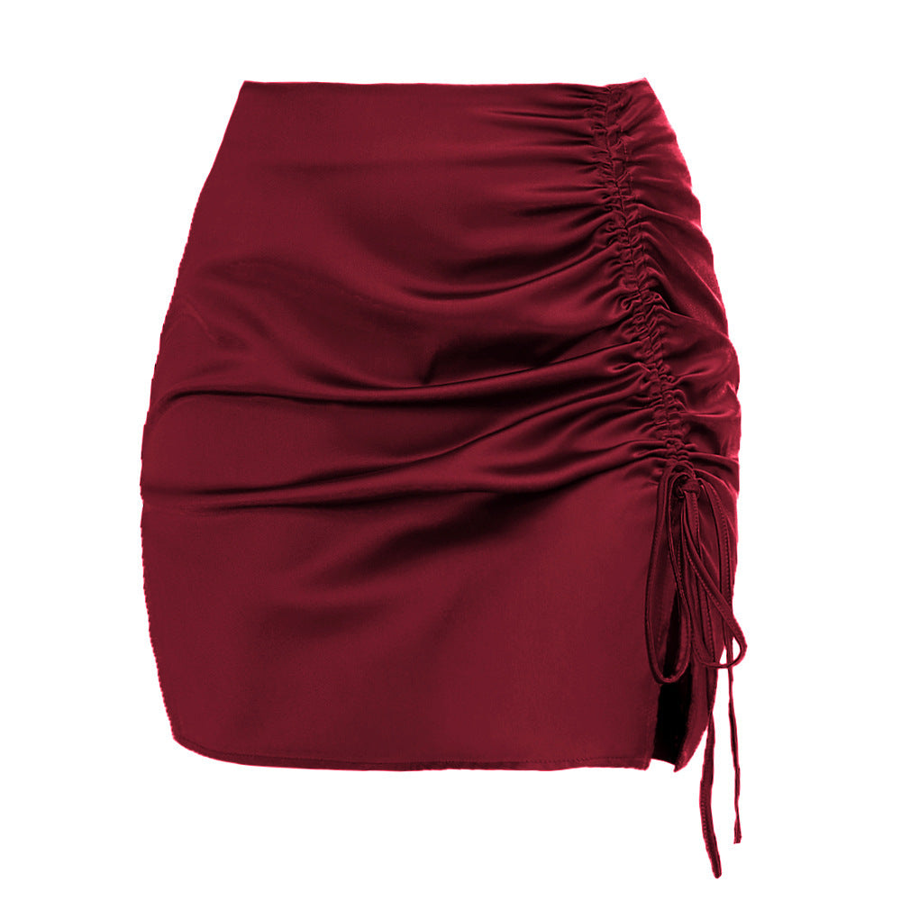 Elegant High Waist Ruched Side Split Satin Mini Skirt