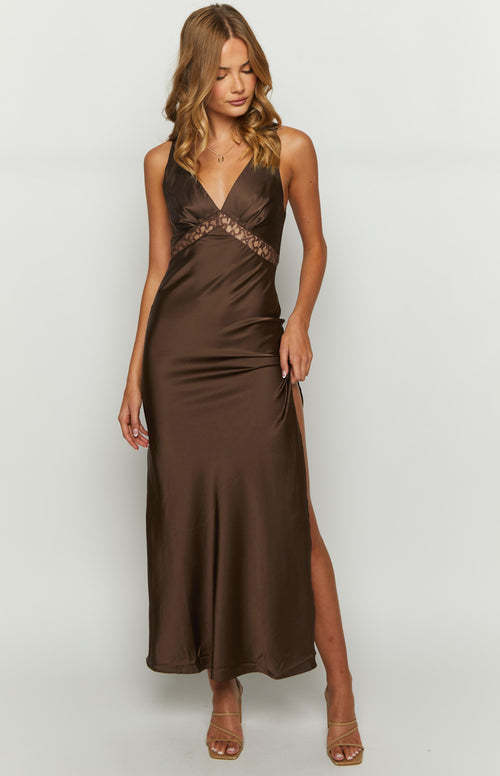 Elegant Satin Lace Maxi Dress - V-Neck Split Slip