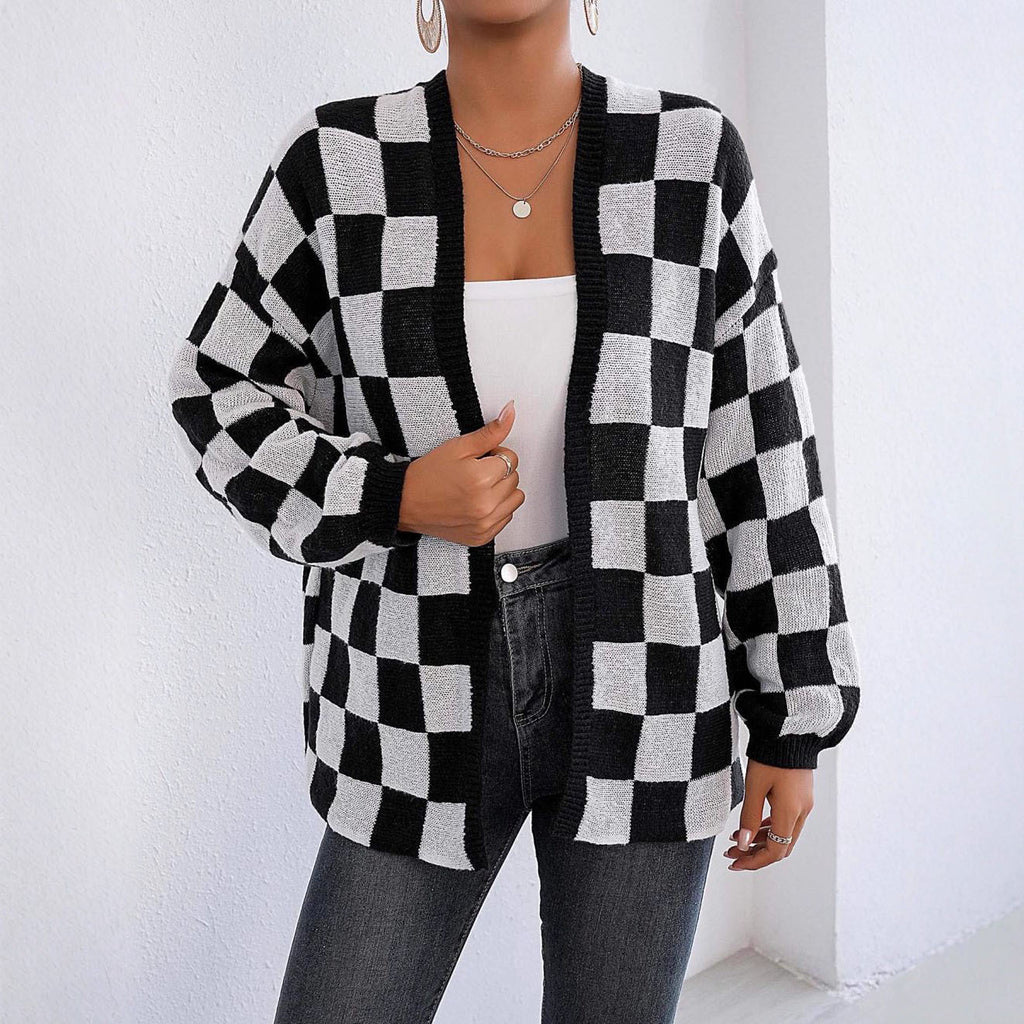 Cozy Chessboard Pattern Open Front Knit Cardigan Sweater