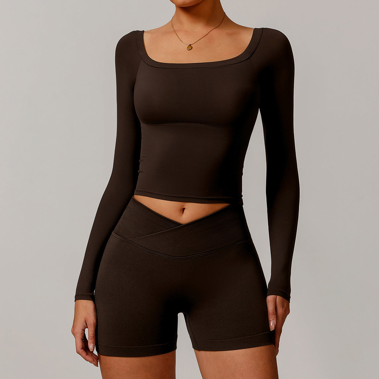 Off Shoulder Long Sleeve Brushed Active Crop Top and High Waisted Shorts Set for Workouts