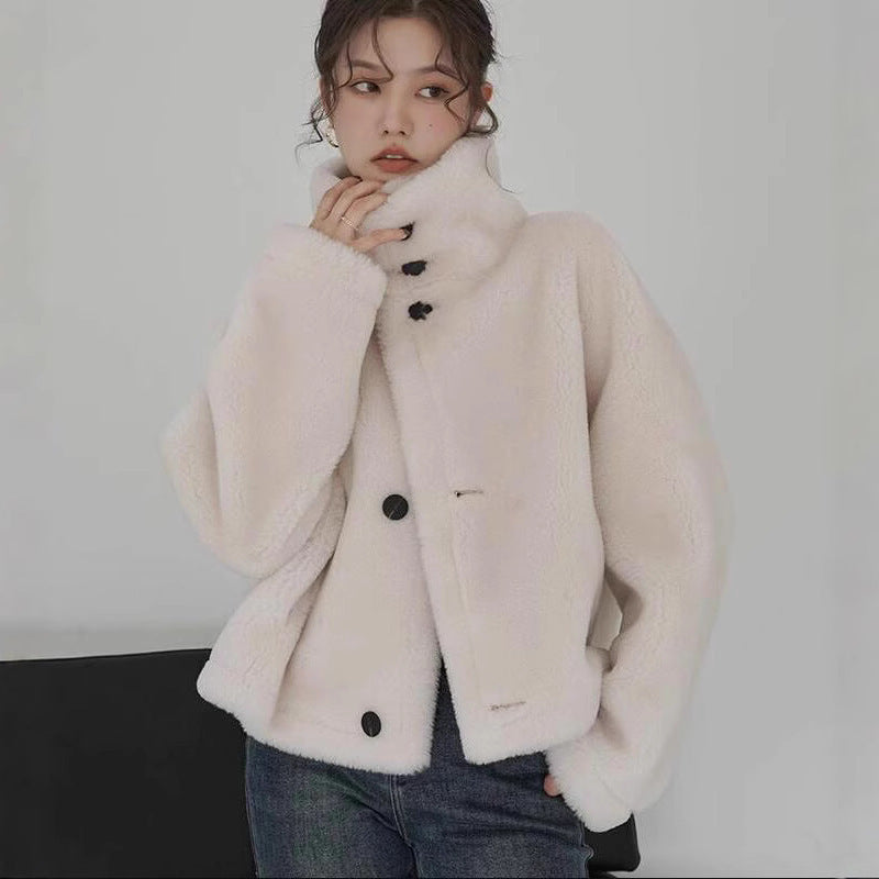 Cozy Faux Suede Shearling Jacket with Lambswool Effect Trim for Winter Style