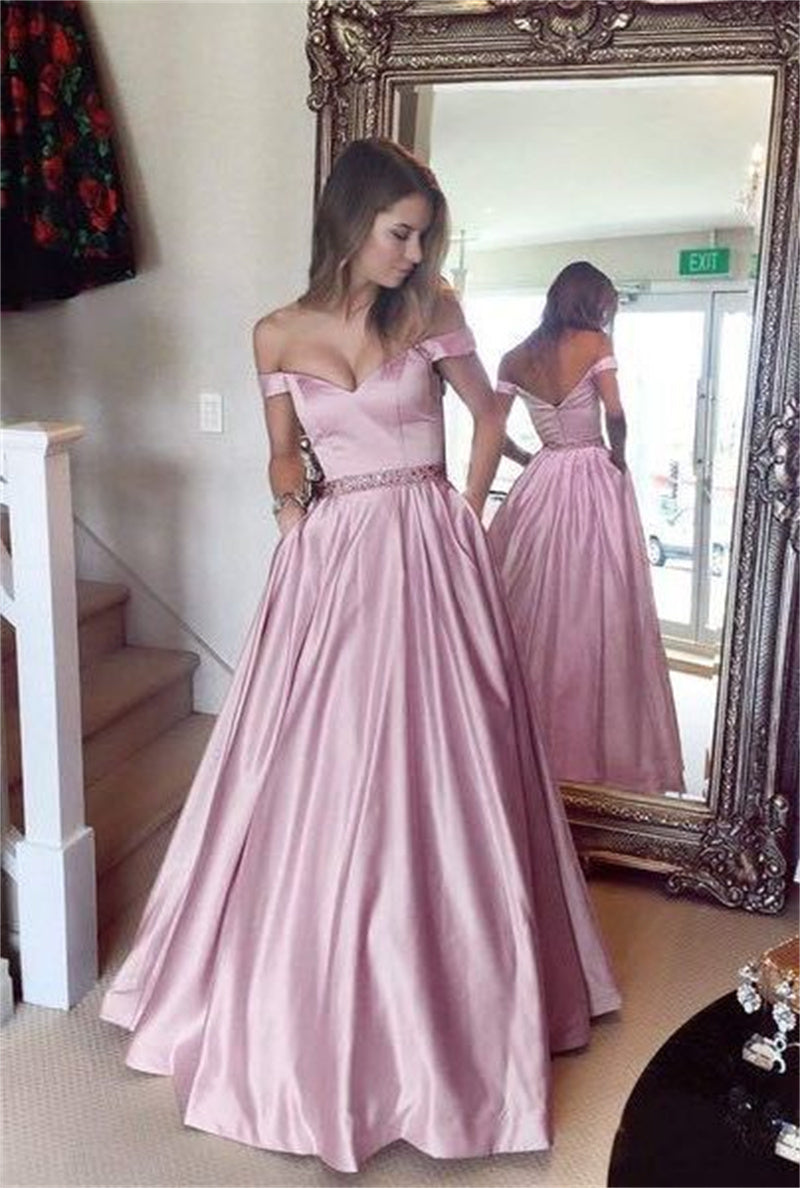 Elegant Off-Shoulder A-Line Evening Gown with Pockets for Women