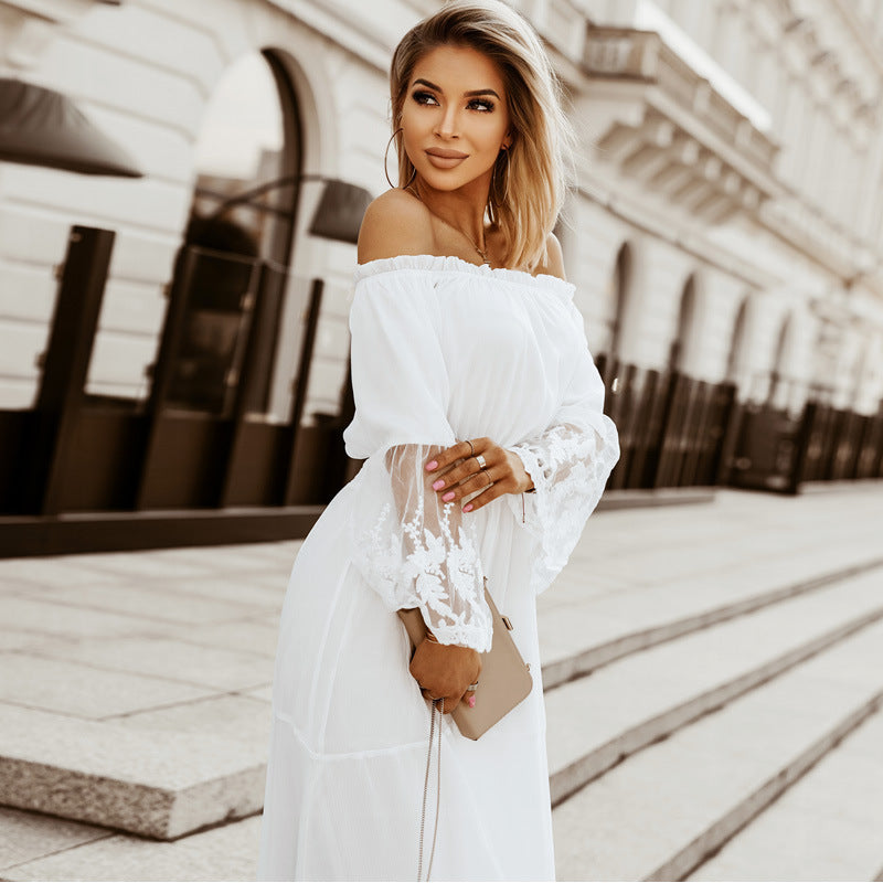 Fashionable Off Shoulder Ruffle Sleeve A Line Flowy Maxi Dress for Women