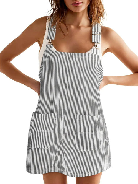 Chic Striped A-Line Pinafore Dress with Adjustable Straps and Pockets