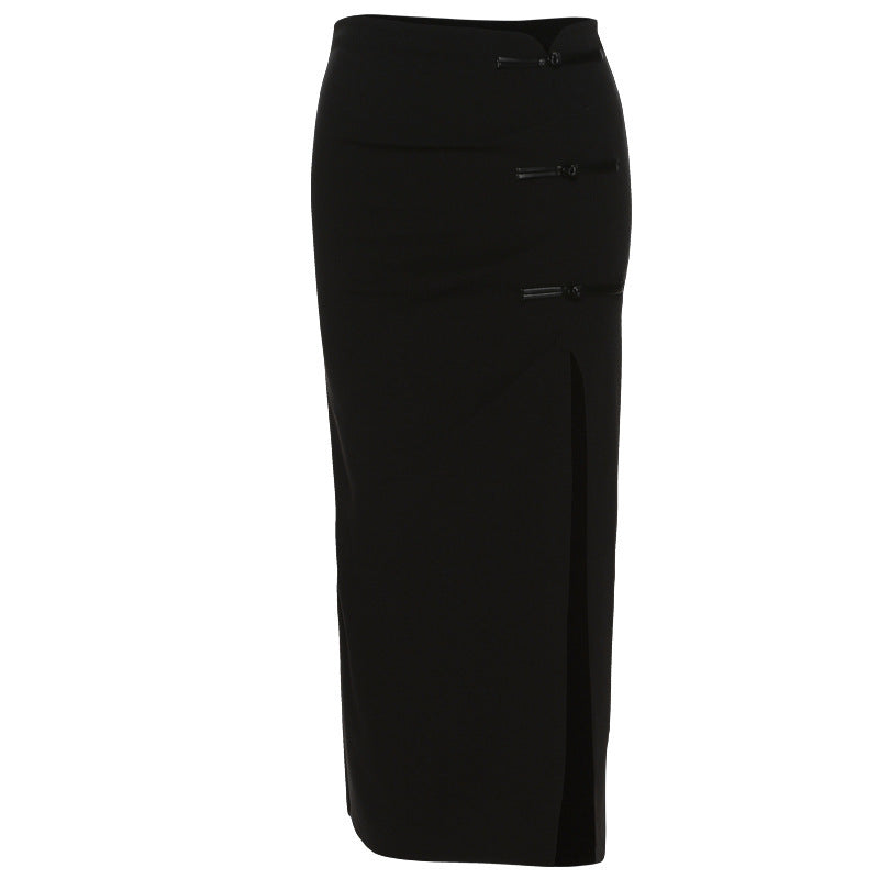 Chic Black High Waist Long Skirt with Statement Side Slit and Button Accents