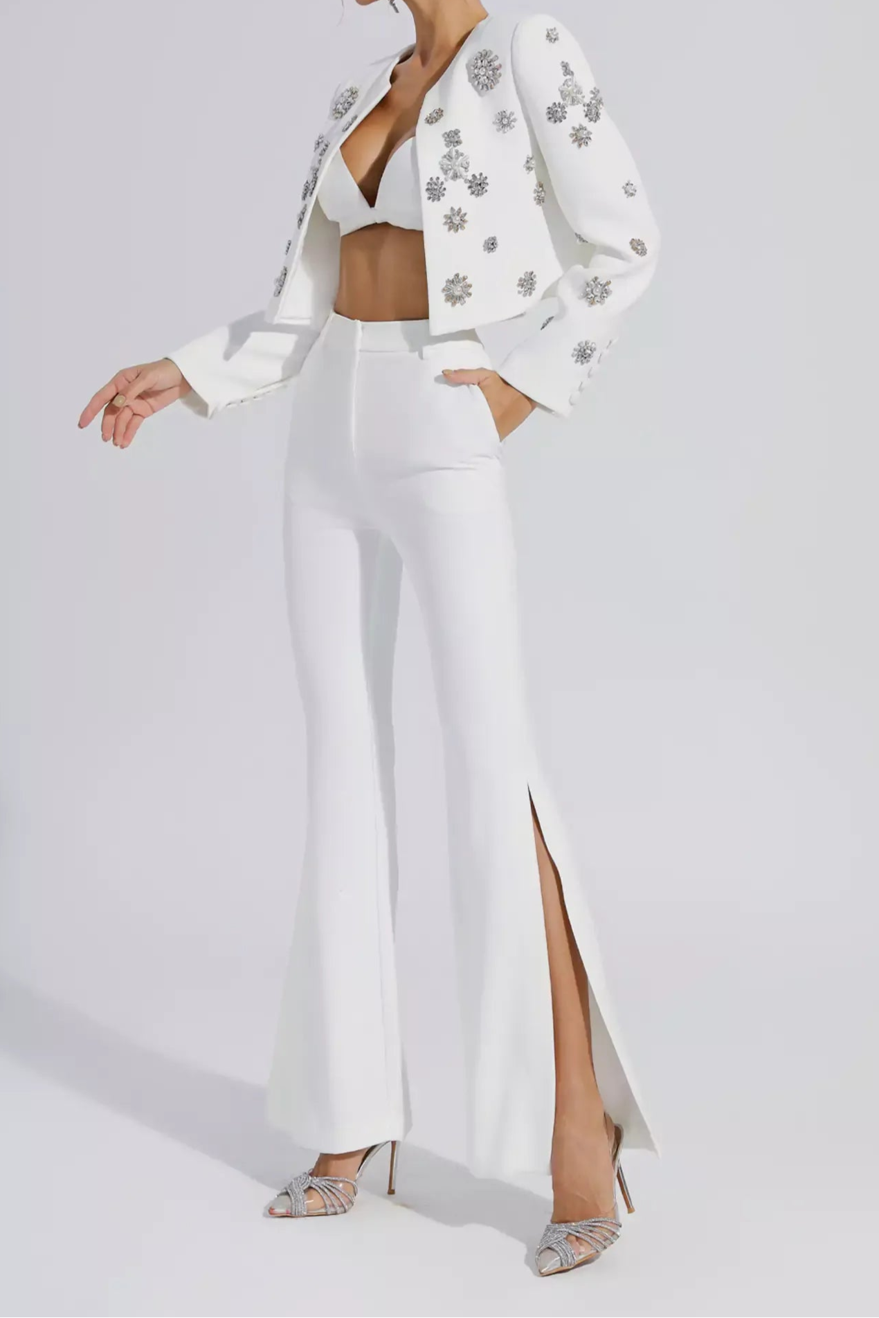Elegant White Embellished Cropped Jacket and Flared Side Slit Pants Suit Set