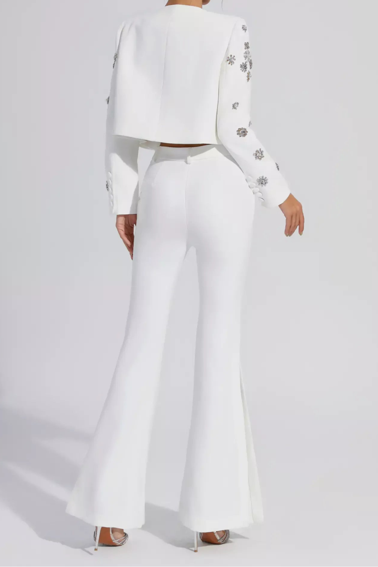 Elegant White Embellished Cropped Jacket and Flared Side Slit Pants Suit Set