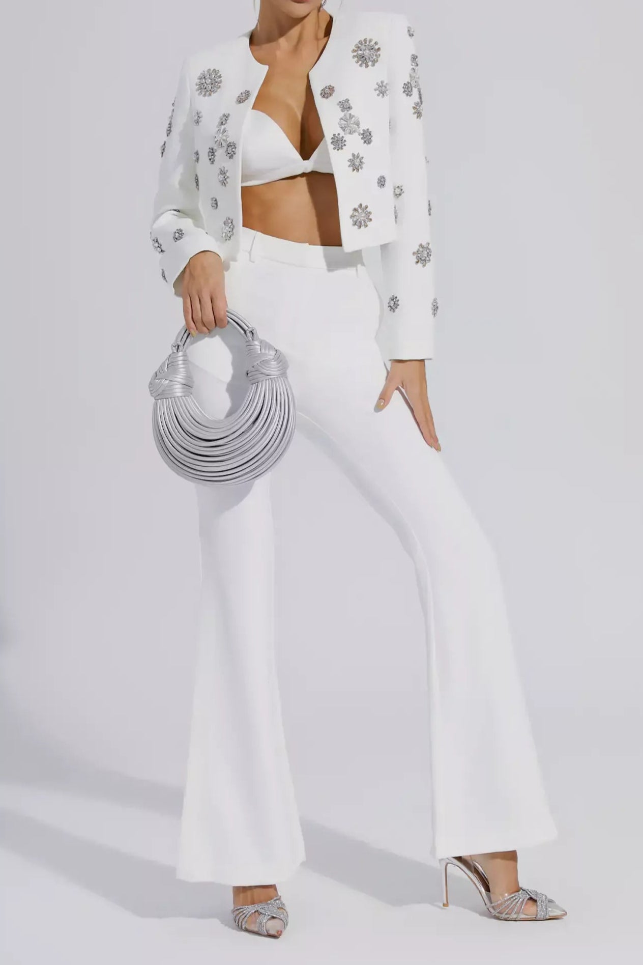 Elegant White Embellished Cropped Jacket and Flared Side Slit Pants Suit Set