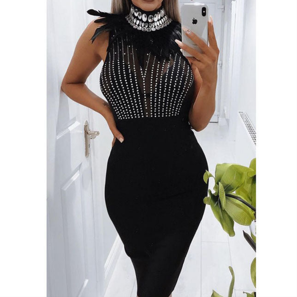 Elegant Beaded Feather Trim Bodycon Midi Evening Dress