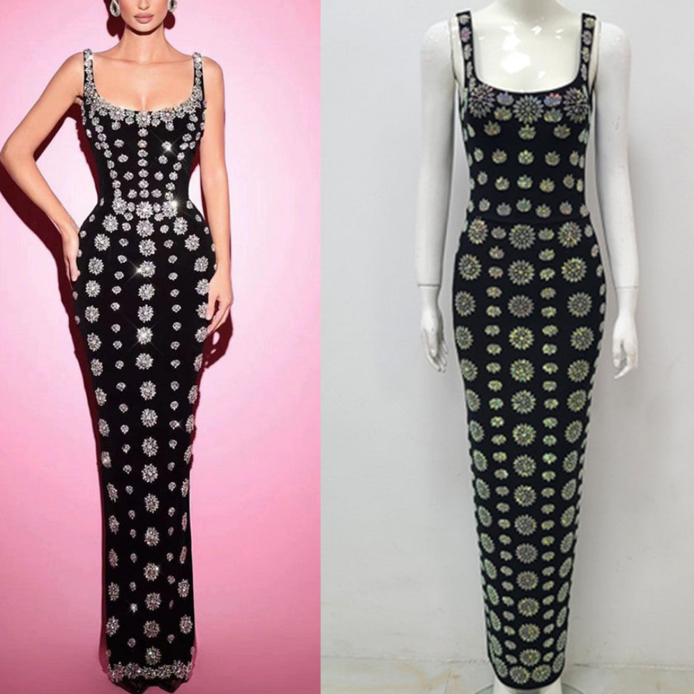 Elegant Black Rhinestone Sleeveless Maxi Evening Dress