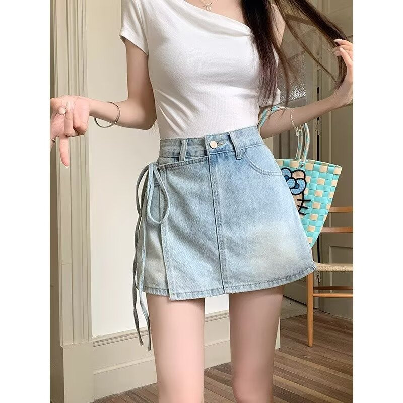 Fashionable Asymmetric High Waist Denim Skort with Irregular Hem for Summer