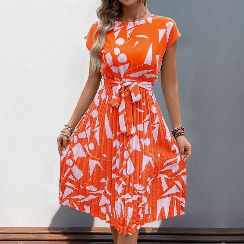 Women's Geometric Print Pleated Dress - Summer Midi Style