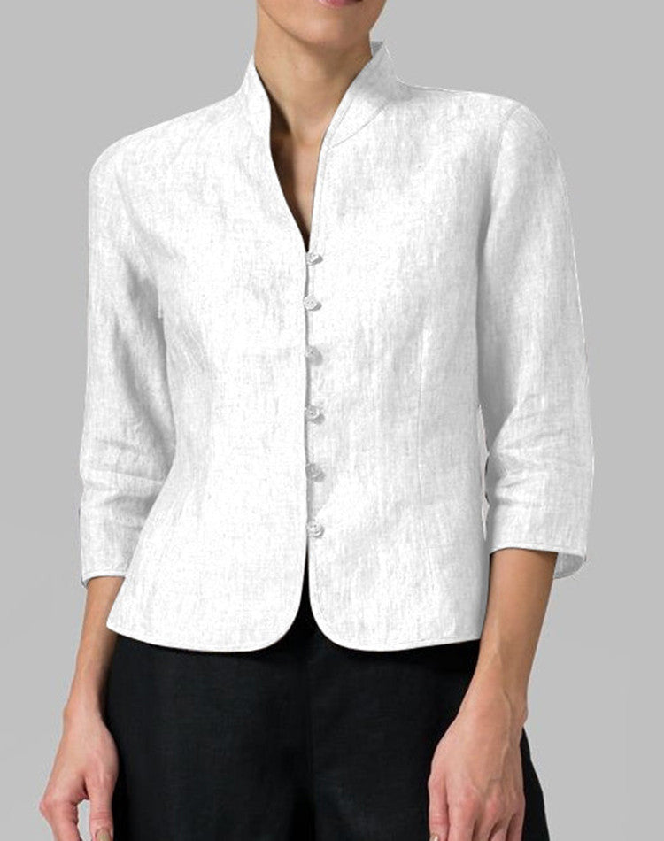 Linen-Cotton Mandarin Collar Blazer