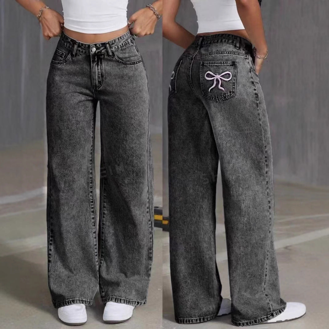 Trendy Embroidered Loose Fit High-Waist Jeans