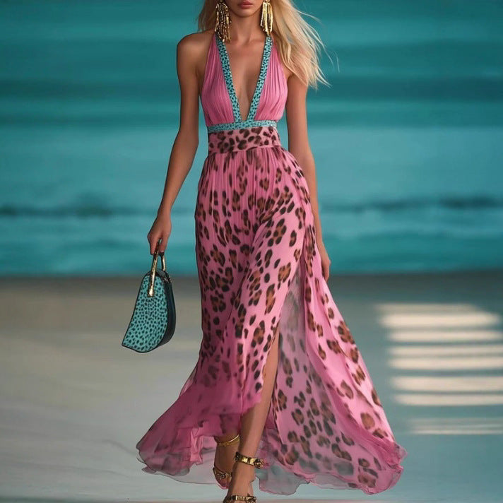 Elegant Leopard Print Halter Neck Maxi Dress with V Neck and Slimming Waist