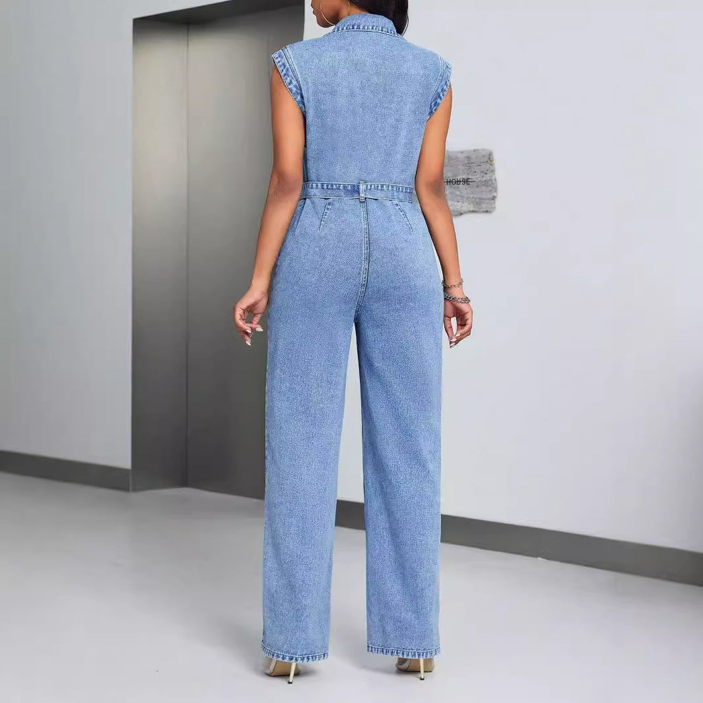 Sleeveless Denim Jumpsuit with Belt - Wide Leg