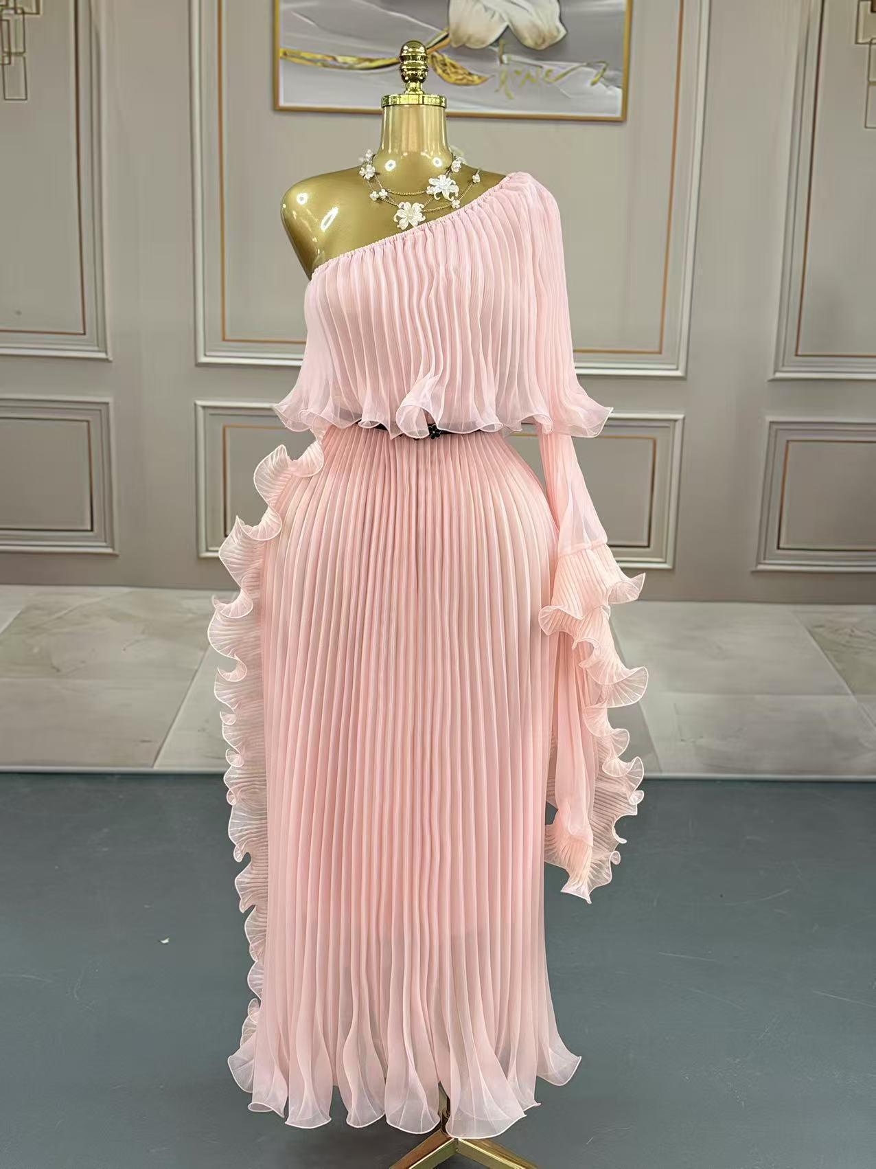 Chic One-Shoulder Pleated Maxi Evening Dress - Ariana Vogue