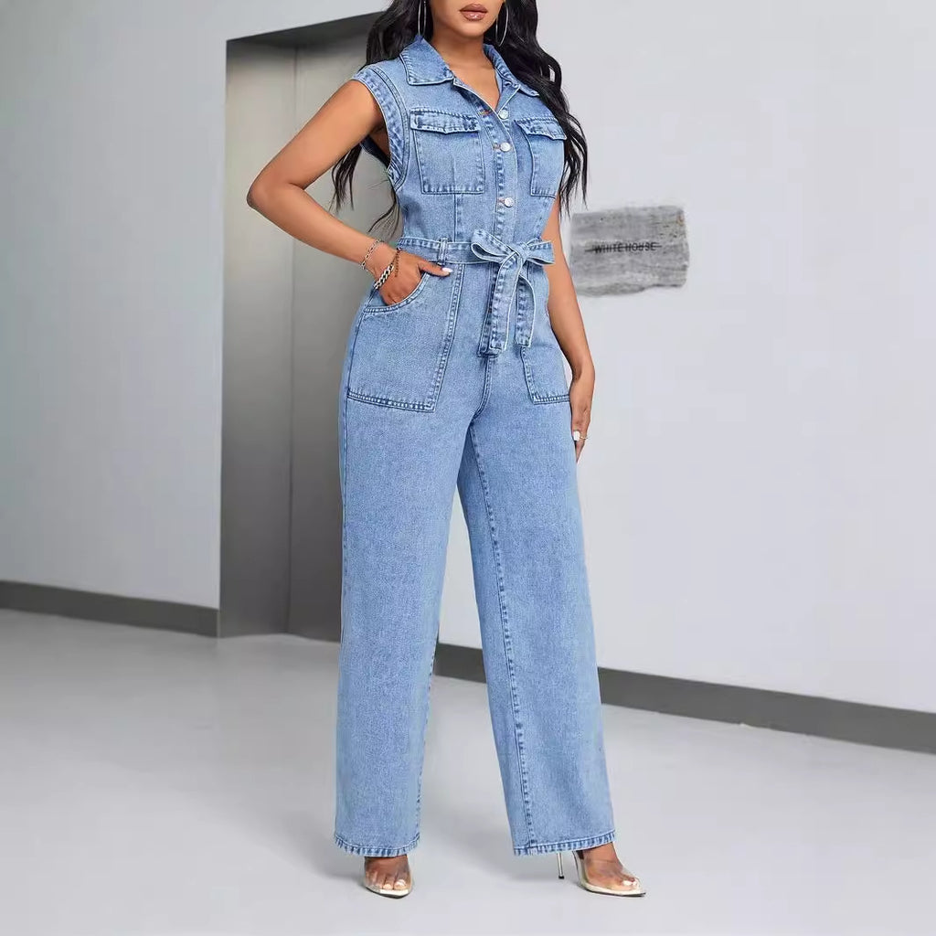 Sleeveless Denim Jumpsuit with Belt - Wide Leg
