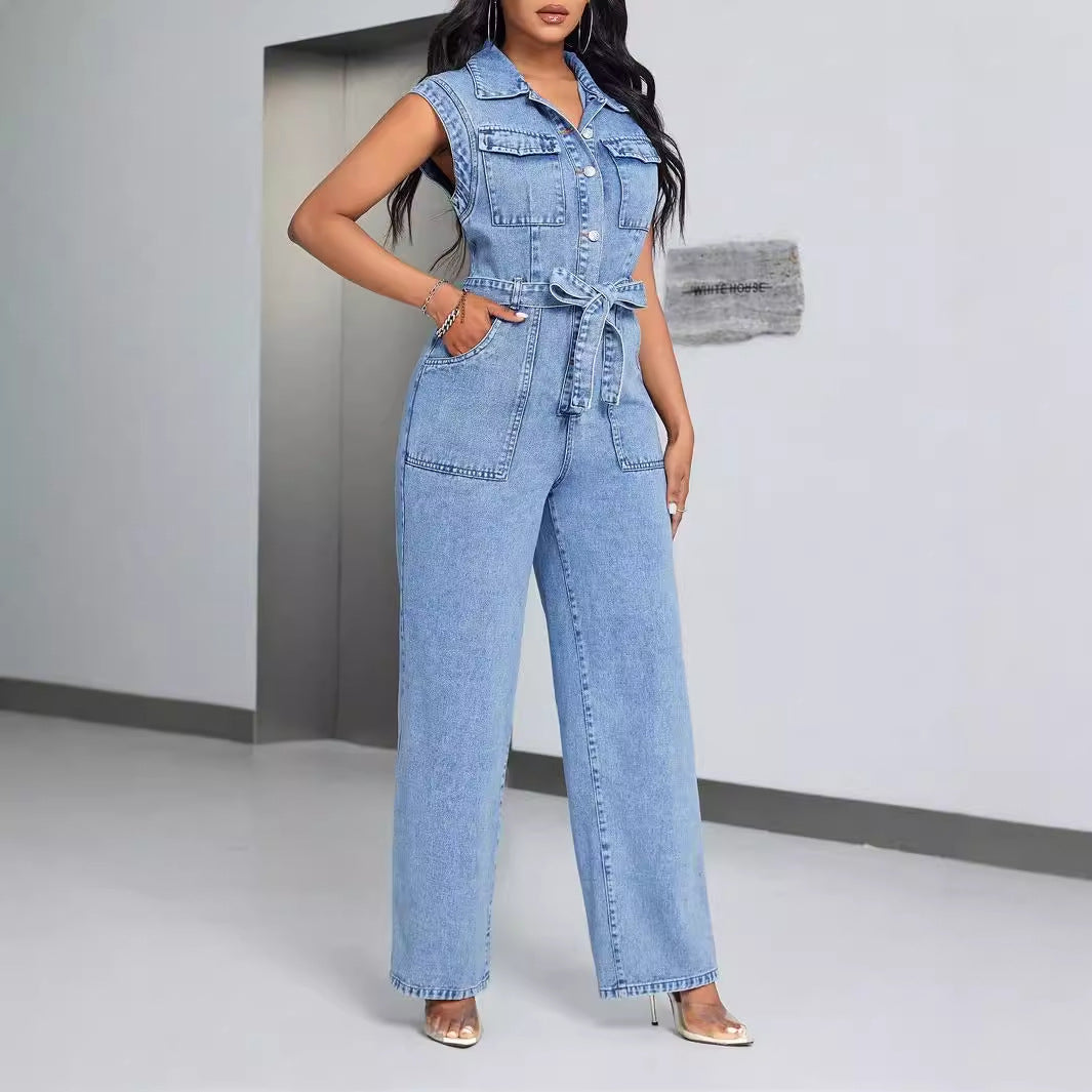 Sleeveless Denim Jumpsuit with Belt - Wide Leg