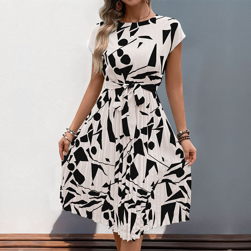 Women's Geometric Print Pleated Dress - Summer Midi Style