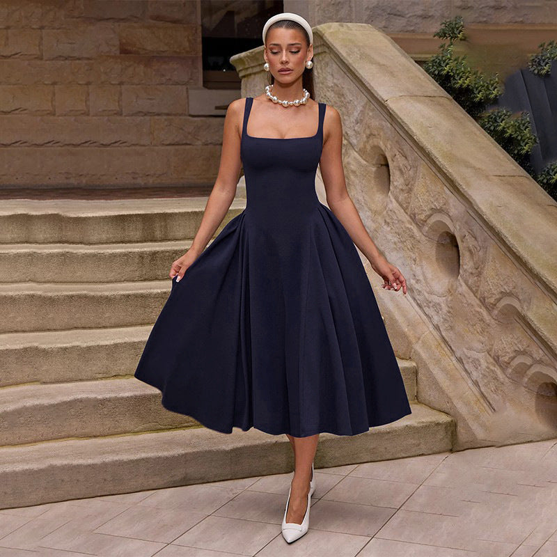 Women's Backless Maxi Dress - Square Neck A-Line Gown - Cherry Lacquer