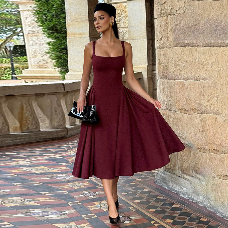 Women's Backless Maxi Dress - Square Neck A-Line Gown - Cherry Lacquer