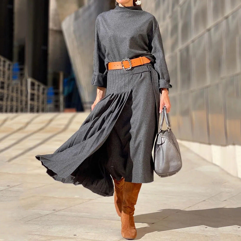 Elegant Long Sleeve Belted Pleated Midi Dress