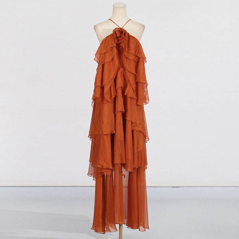 Women's Ruffled Patchwork Gown - Elegant Long Maxi Dress