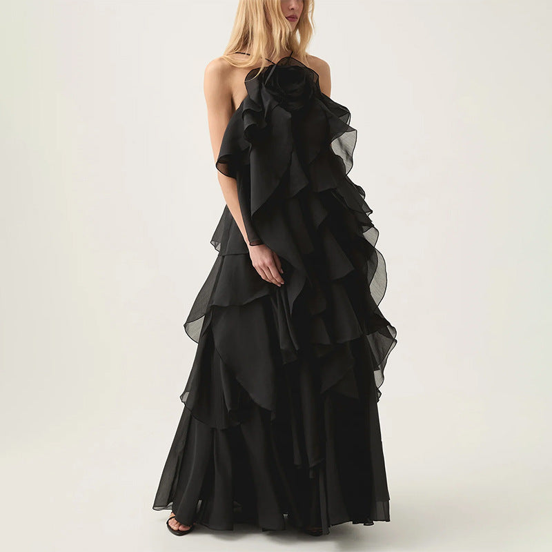 Women's Ruffled Patchwork Gown - Elegant Long Maxi Dress