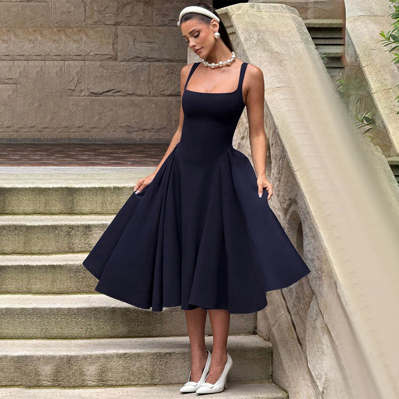 Women's Backless Maxi Dress - Square Neck A-Line Gown - Cherry Lacquer