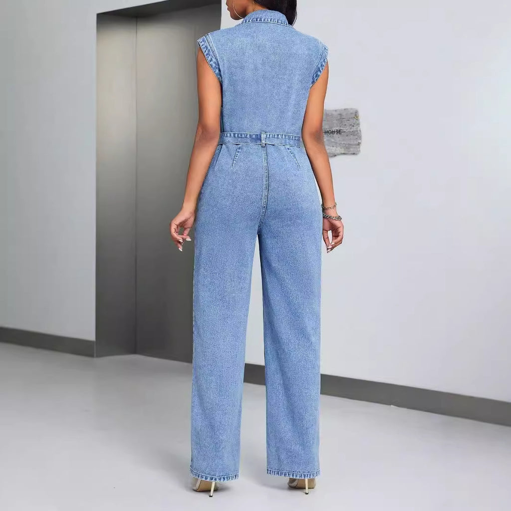 Sleeveless Denim Jumpsuit with Belt - Wide Leg