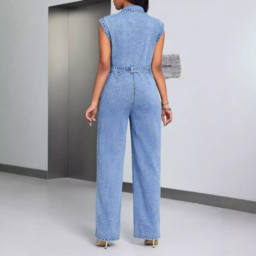 Sleeveless Denim Jumpsuit with Belt - Wide Leg
