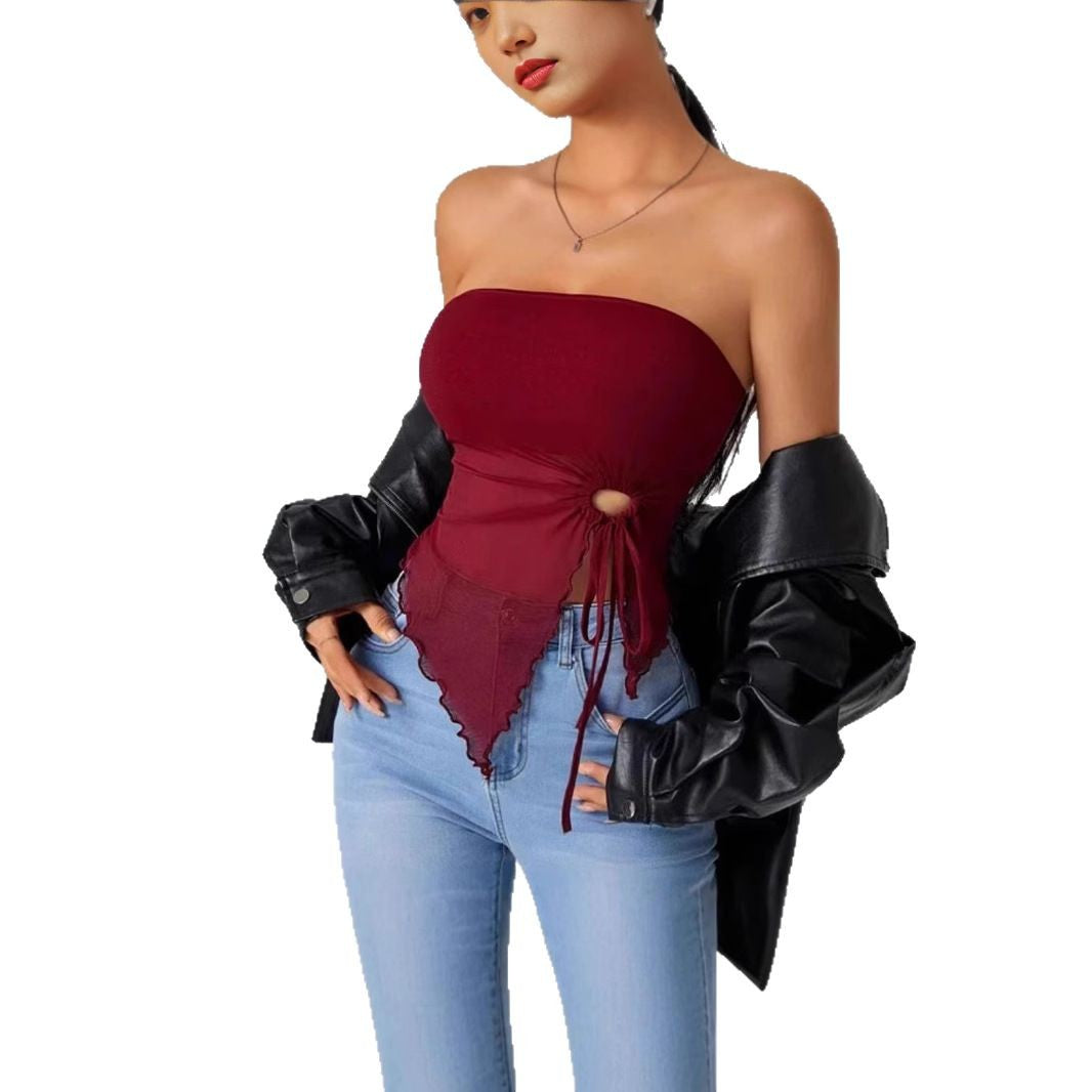 Women's Asymmetric Tube Top - Lace-Up Strapless Blouse