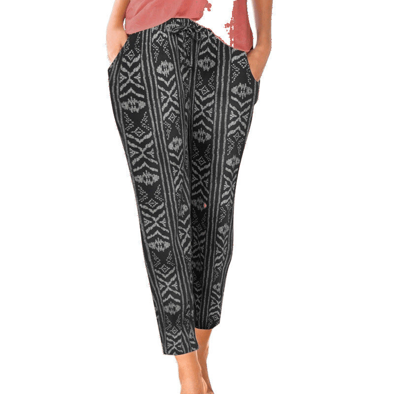 Women's Comfortable Elastic Waist Printed Patterned Pocket Drawstring Casual Trousers