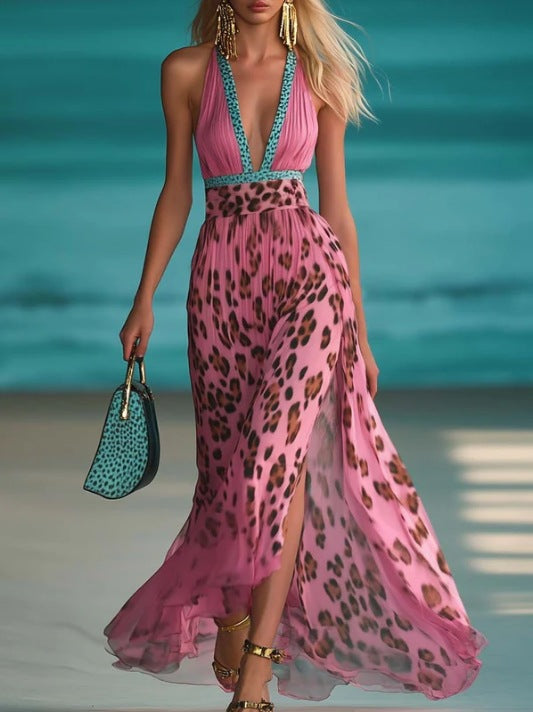 Elegant Leopard Print Halter Neck Maxi Dress with V Neck and Slimming Waist