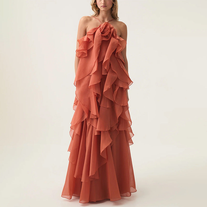 Women's Ruffled Patchwork Gown - Elegant Long Maxi Dress